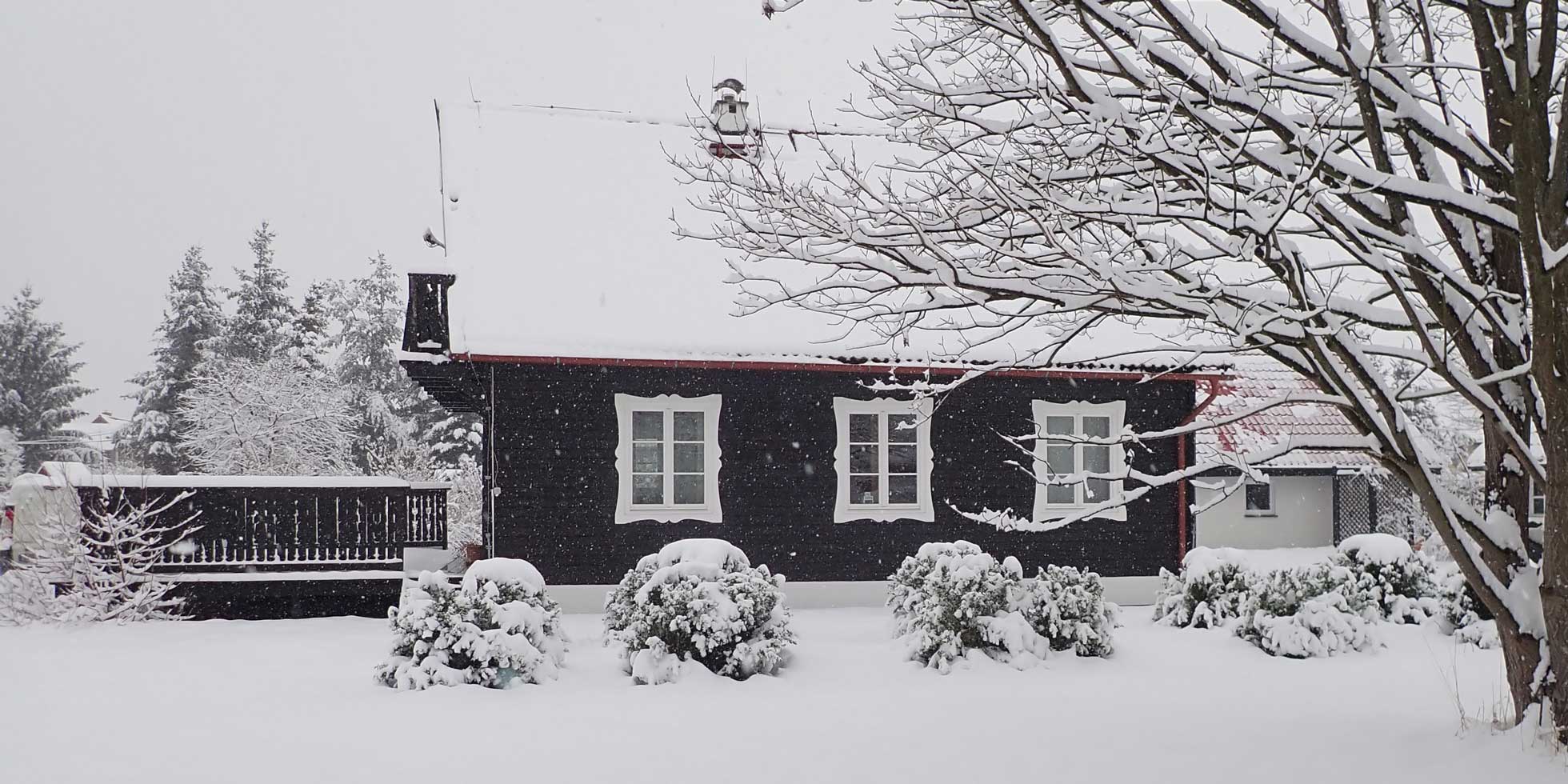 Dom w czasie zimy - widok od strony ogrodu